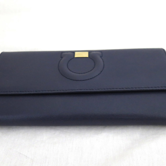 SALVATORE FERRAGAMO wallet Gancini navy blue x gold metal fittings leather long - Picture 2 of 5